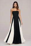 Elegante vestido Maxi sin tirantes en blanco y negro de la línea A