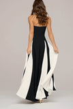 Elegante vestido Maxi sin tirantes en blanco y negro de la línea A