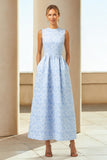Vestido Jacquard Largo Azul Línea A con bolsillos