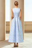Vestido Jacquard Largo Azul Línea A con bolsillos