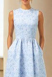 Vestido Jacquard Largo Azul Línea A con bolsillos