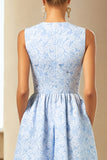 Vestido Jacquard Largo Azul Línea A con bolsillos