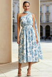 Blanco Azul Flor Línea A Vestido Convertible con estampado de un hombro y serpentina