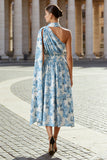 Blanco Azul Flor Línea A Vestido Convertible con estampado de un hombro y serpentina