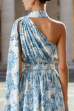 Blanco Azul Flor Línea A Vestido Convertible con estampado de un hombro y serpentina