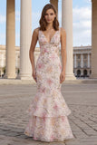 Vestido largo floral con cuello en V con sirena rosa con cuentas y volantes