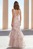 Vestido largo floral con cuello en V con sirena rosa con cuentas y volantes