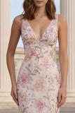 Vestido largo floral con cuello en V con sirena rosa con cuentas y volantes