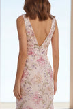 Vestido largo floral con cuello en V con sirena rosa con cuentas y volantes