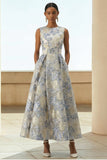 Vestido largo Jacquard floral azul polvoriento con bolsillos