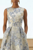 Vestido largo Jacquard floral azul polvoriento con bolsillos