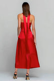 Vestido rojo sin tirantes Línea A A Largo de satén con bolsillos