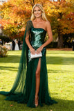 Vestido formal largo de lentejuelas verde oscuro de un hombro brillante