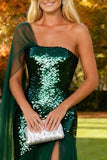 Vestido formal largo de lentejuelas verde oscuro de un hombro brillante