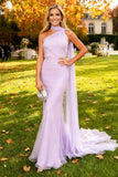 Vestido formal largo de sirena de arrugas morado claro con capa lateral