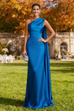 Vestido formal de sirena largo de un hombro azul real con serpentina lateral