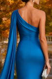 Vestido formal de sirena largo de un hombro azul real con serpentina lateral