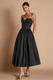 Vestido de Lazo Negro de Satén con Tirantes de Espagueti A Line