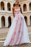 Vestido largo de baile con cuentas A sin tirantes floral brillante