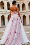 Vestido largo de baile con cuentas A sin tirantes floral brillante
