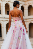 Vestido largo de baile con cuentas A sin tirantes floral brillante