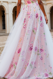 Vestido largo de baile con cuentas A sin tirantes floral brillante