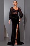 Corsé de sirena de encaje negro Vestido largo de noche con abertura