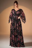 Vestido de Madre de la Novia de manga larga de manga larga en Negro Rosa Floral A