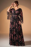 Vestido de Madre de la Novia de manga larga de manga larga en Negro Rosa Floral A