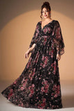 Vestido de Madre de la Novia de manga larga de manga larga en Negro Rosa Floral A