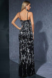 Vestido largo de noche Strpas de espagueti plateado y negro brillante con abertura