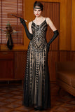 Vestido largo de los años 20 con tirantes finos de albaricoque negro brillante y lentejuelas
