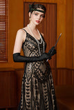 Vestido largo de los años 20 con tirantes finos de albaricoque negro brillante y lentejuelas