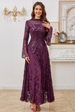 Vestido de Madre de la Novia con Línea de Cuentas Púrpura Oscuro y Manga Larga