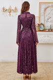 Vestido de Madre de la Novia con Línea de Cuentas Púrpura Oscuro y Manga Larga