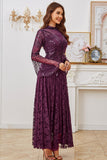 Vestido de Madre de la Novia con Línea de Cuentas Púrpura Oscuro y Manga Larga