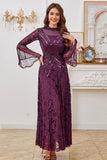 Vestido de Madre de la Novia con Línea de Cuentas Púrpura Oscuro y Manga Larga