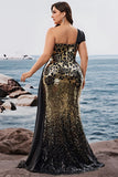 Vestido de noche largo de sirena dorado de un hombro con abertura y sabrky Black