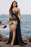 Vestido de noche largo de sirena dorado de un hombro con abertura y sabrky Black