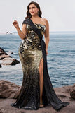 Vestido de noche largo de sirena dorado de un hombro con abertura y sabrky Black