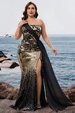Vestido de noche largo de sirena dorado de un hombro con abertura y sabrky Black