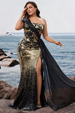 Vestido de noche largo de sirena dorado de un hombro con abertura y sabrky Black