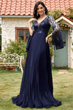 Vestido largo de madre de la novia con cuello en V de lentejuelas azul marino