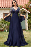 Vestido largo de madre de la novia con cuello en V de lentejuelas azul marino