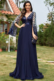 Vestido largo de madre de la novia con cuello en V de lentejuelas azul marino