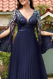 Vestido largo de madre de la novia con cuello en V de lentejuelas azul marino