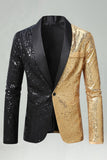 Blazer de graduación de hombre con solapa de chalada dorada negra brillante
