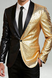 Blazer de graduación de hombre con solapa de chalada dorada negra brillante