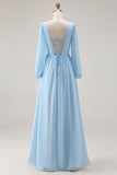 Vestido de invitado de boda azul celeste, escote en V y escote en V y abertura