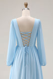 Vestido de invitado de boda azul celeste, escote en V y escote en V y abertura